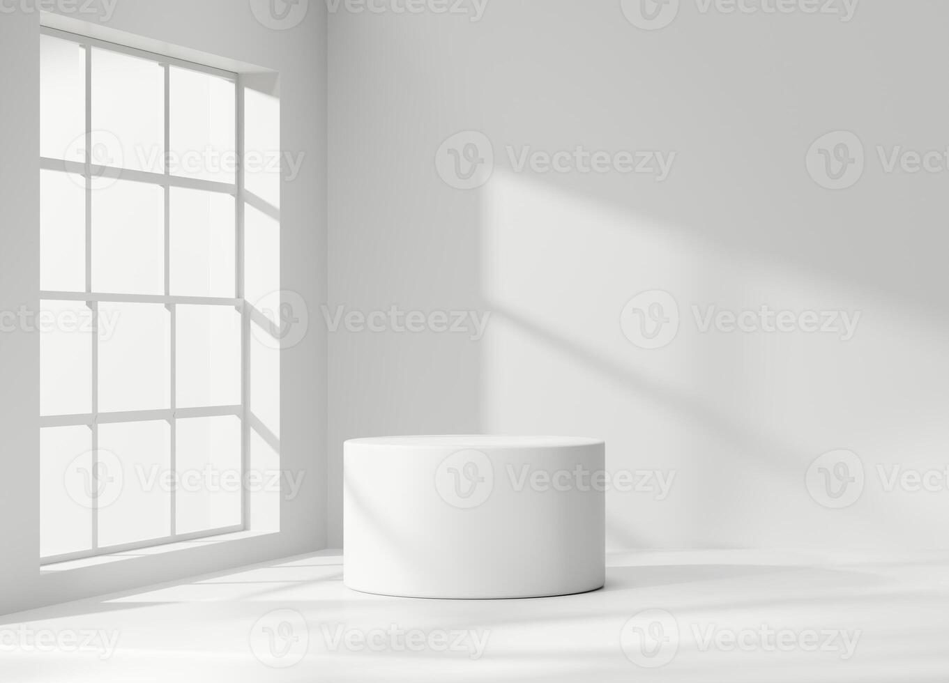 Minimal Modern White Cylinder Podium Platform For Product Display Showcase 3D Rendering With Window photo