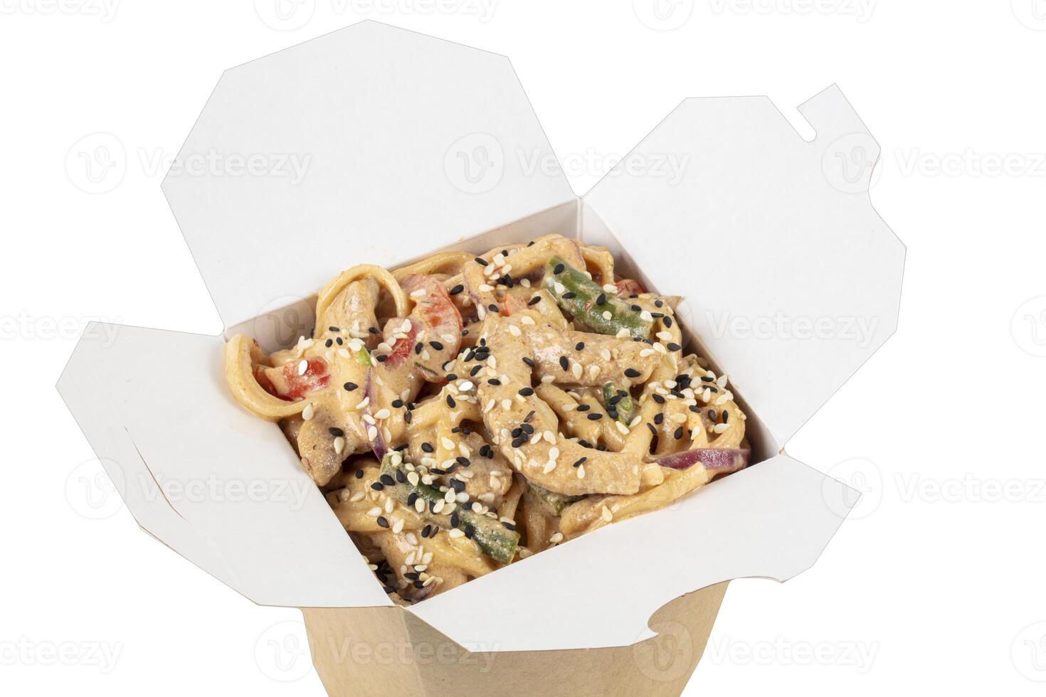 Wok in paper container on white background. photo