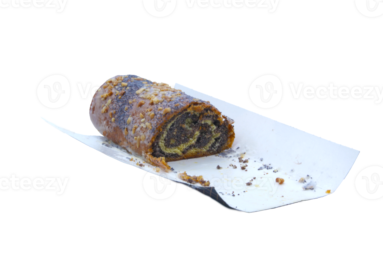 Close-up of a roll with poppy seeds, icing sugar and crushed nuts, partially eaten, on a white paper tray. Perfect for bakery advertising, food packaging and recipe blogs. No background png