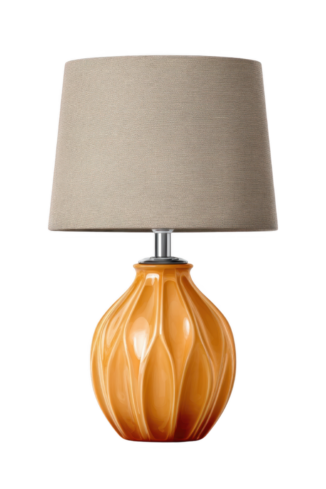 A modern table lamp with an orange ceramic base and a textured beige lampshade. png