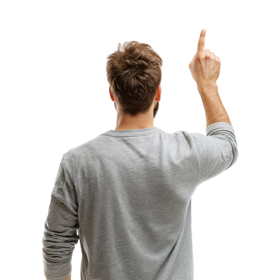 Back view of man seen from behind raising hand pointing upward with index finger isolated on transparent background png