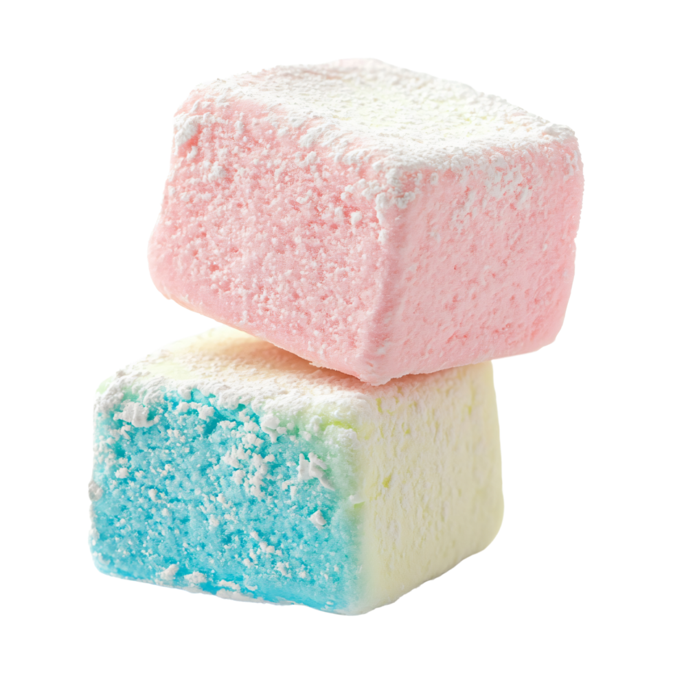Soft fluffy pink and blue marshmallows cubes stacked, sweet candy treat isolated on transparent background png