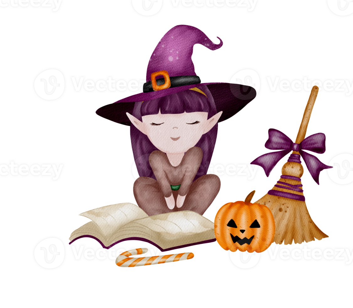 Enchanting witch reading spells beside a carved pumpkin in a cozy Halloween atmosphere png