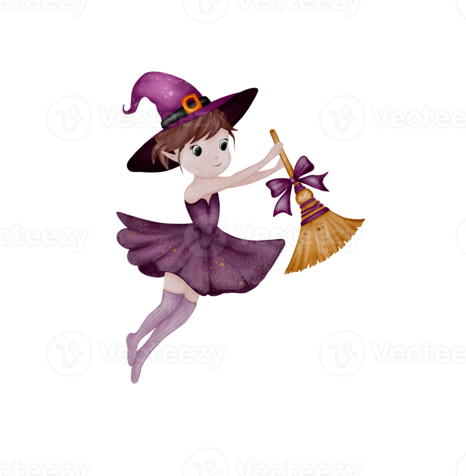 Spooky witch flying joyfully through Halloween night on a broomstick with a playful spirit png