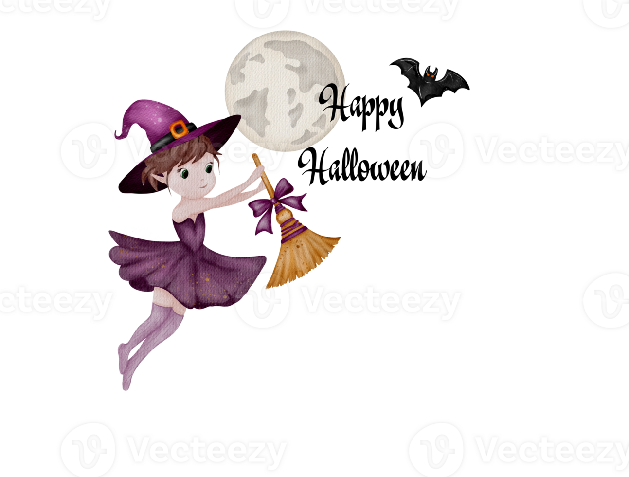 Charming witch soaring through a moonlit sky with a broomstick, embracing the spirit of Halloween png