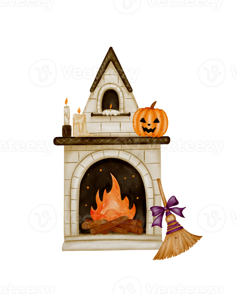 Embracing the cozy spirit of Halloween with a whimsical fireplace and pumpkin decoration png