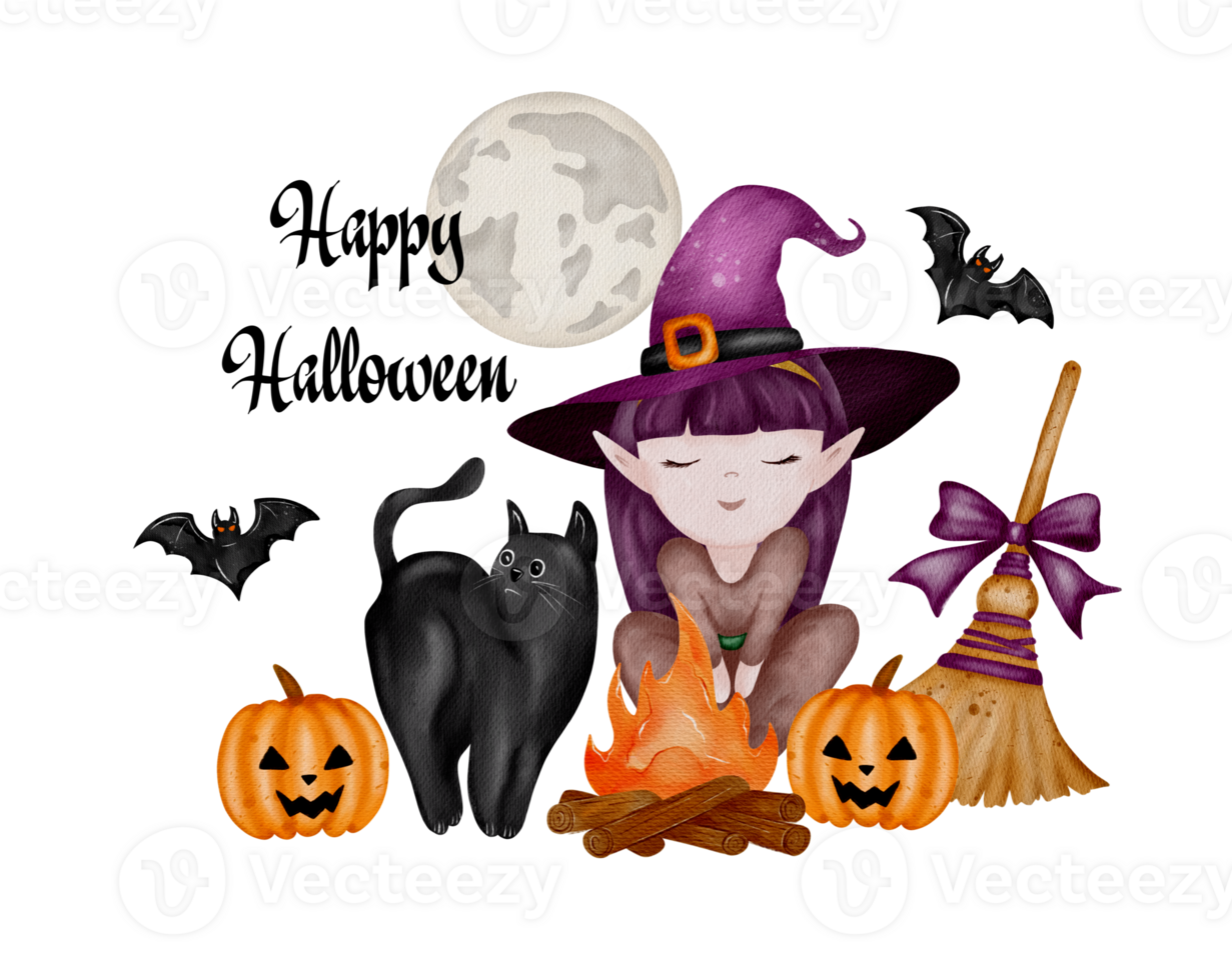 Spooky witch under the full moon celebrates Halloween with pumpkins, bats, and a cozy campfire in a whimsical setting png