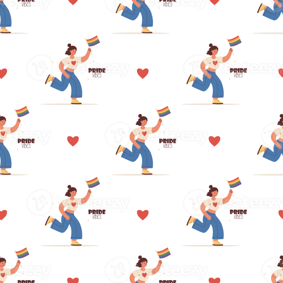 Pride Seamless Pattern Happy LGBT Women with Rainbow Flag. LGBTQ community png