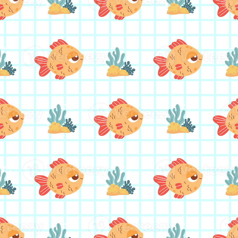 Seamless Sea Pattern. Cute Cartoon Small Fish and algae on checkered Background png