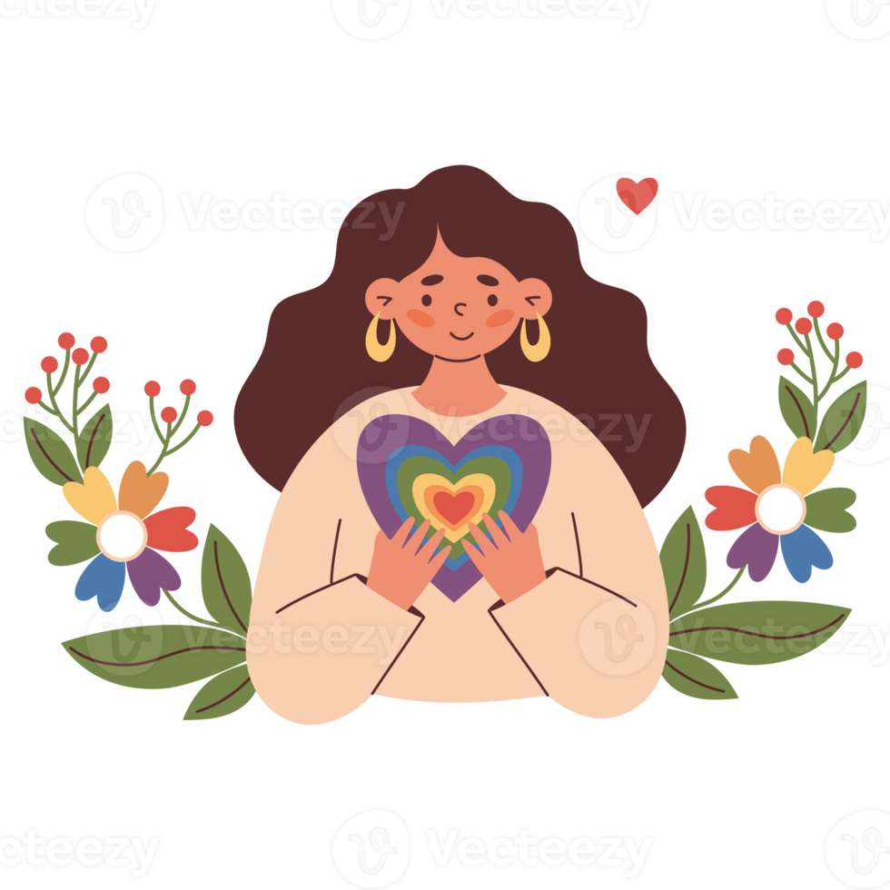 Woman with Rainbow Heart. LGBTQ community. Lesbian Girl Brunette png