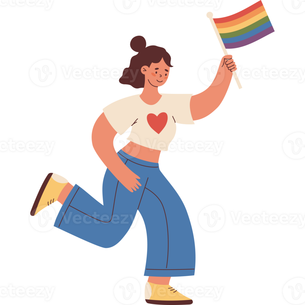 LGBTQ community. Happy Woman with Rainbow Flag. Festive Lesbian Girl png