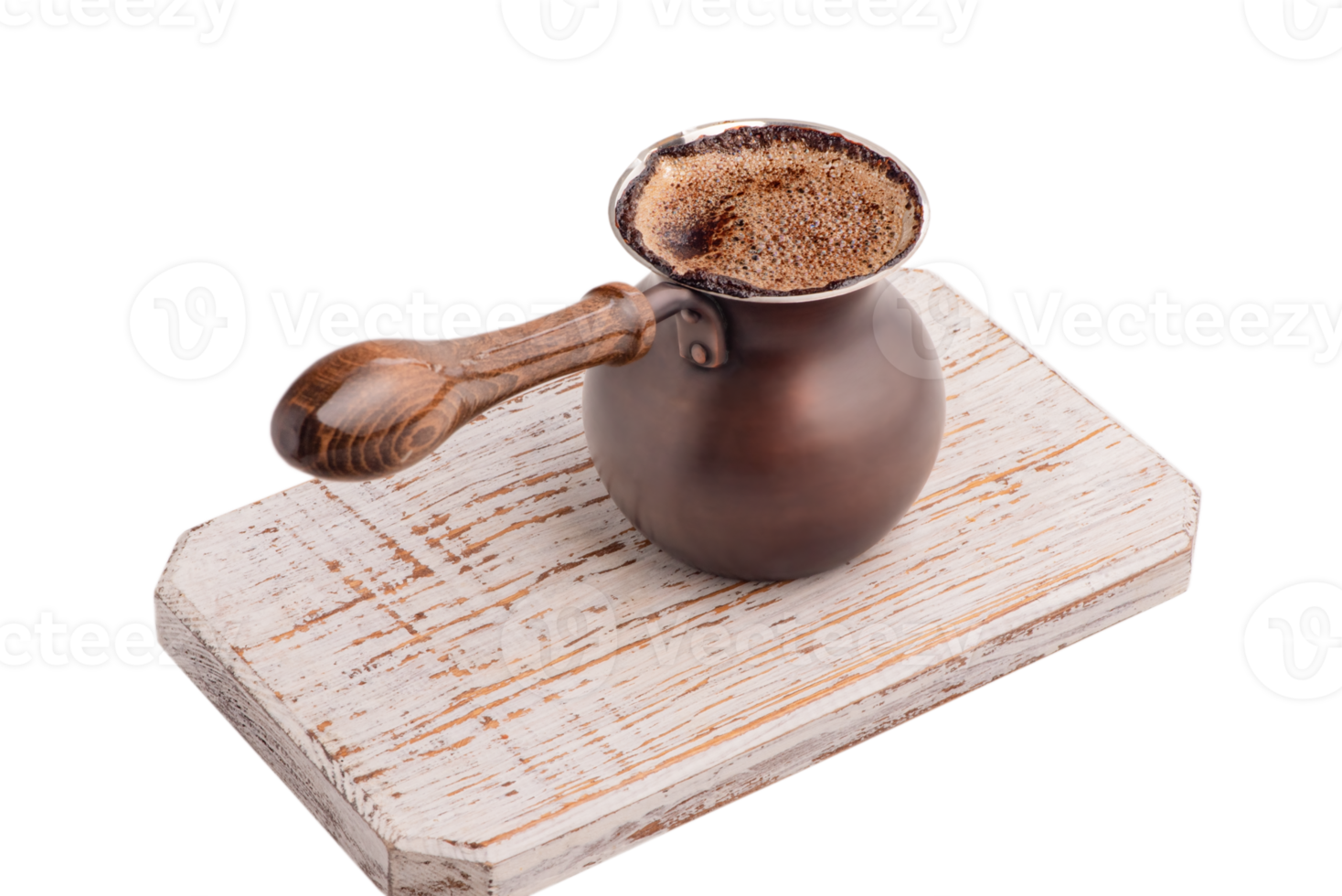 Ready coffee in a Turk on a white wooden board, isolate png