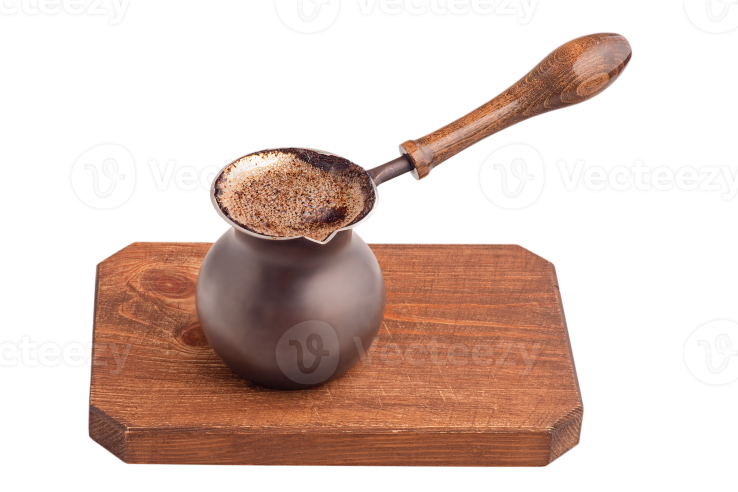 Ready coffee in a Turk on a brown wooden board, isolate png