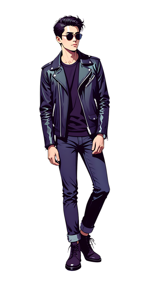 A man in a black leather jacket and jeans png