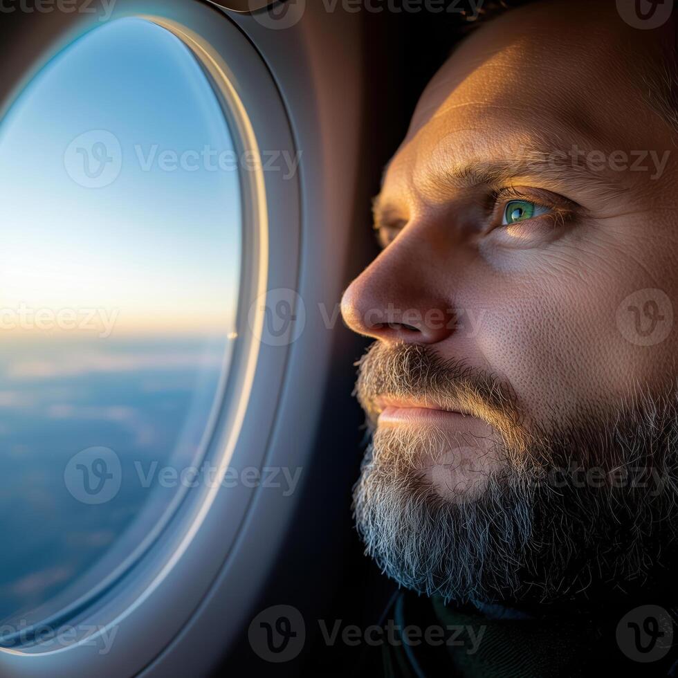 traveler looks out the window while sitting on a plane, close-up portrait photo