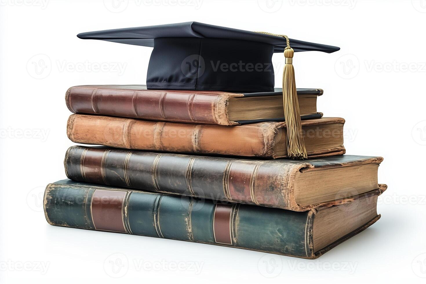 graduation cap on a stack of old books isolated on white background photo