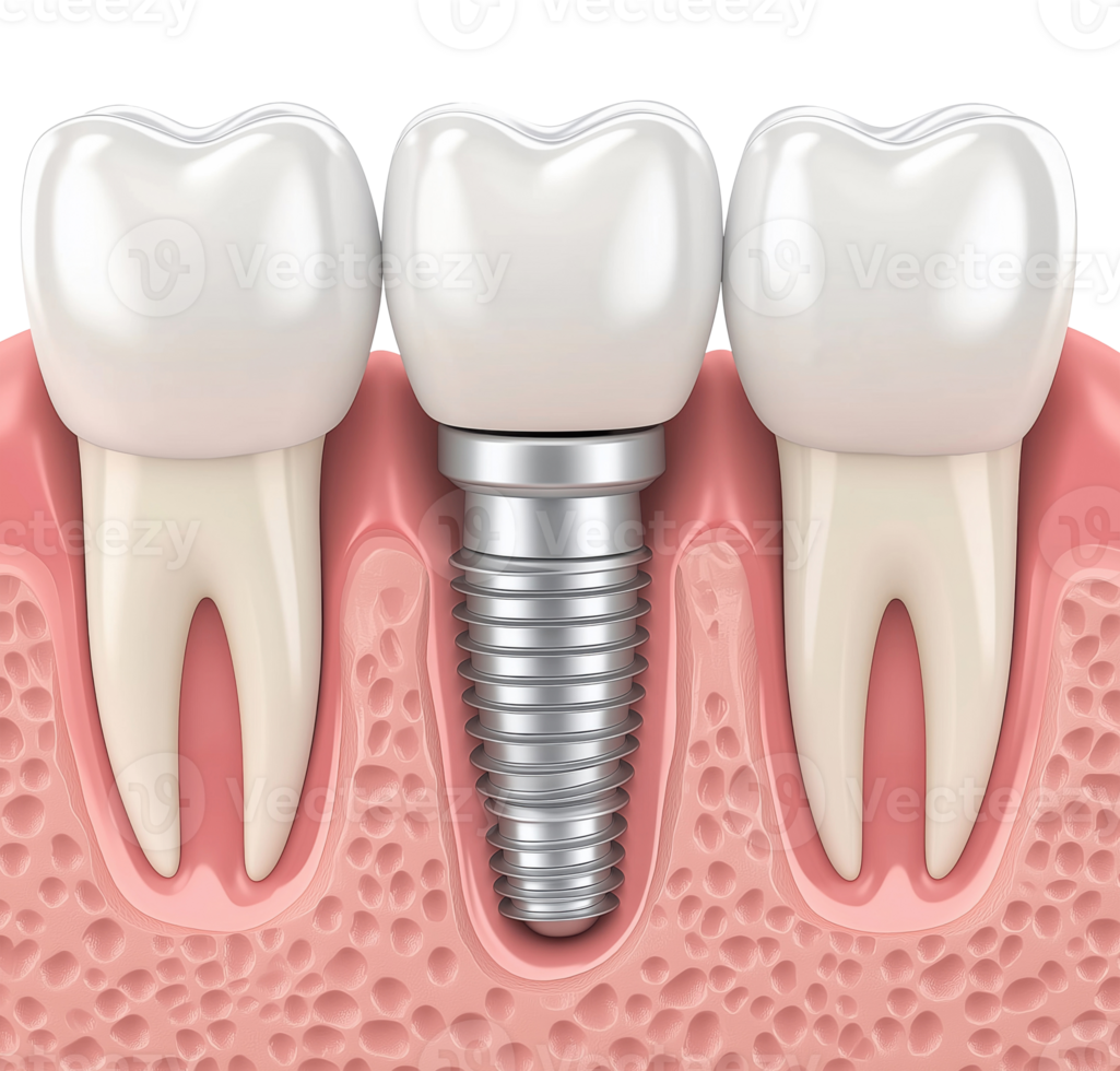 Medical illustration showing dental implant procedure with titanium screw integrated into pink gum tissue between natural white teeth in cross-section view, isolated on transparent background png