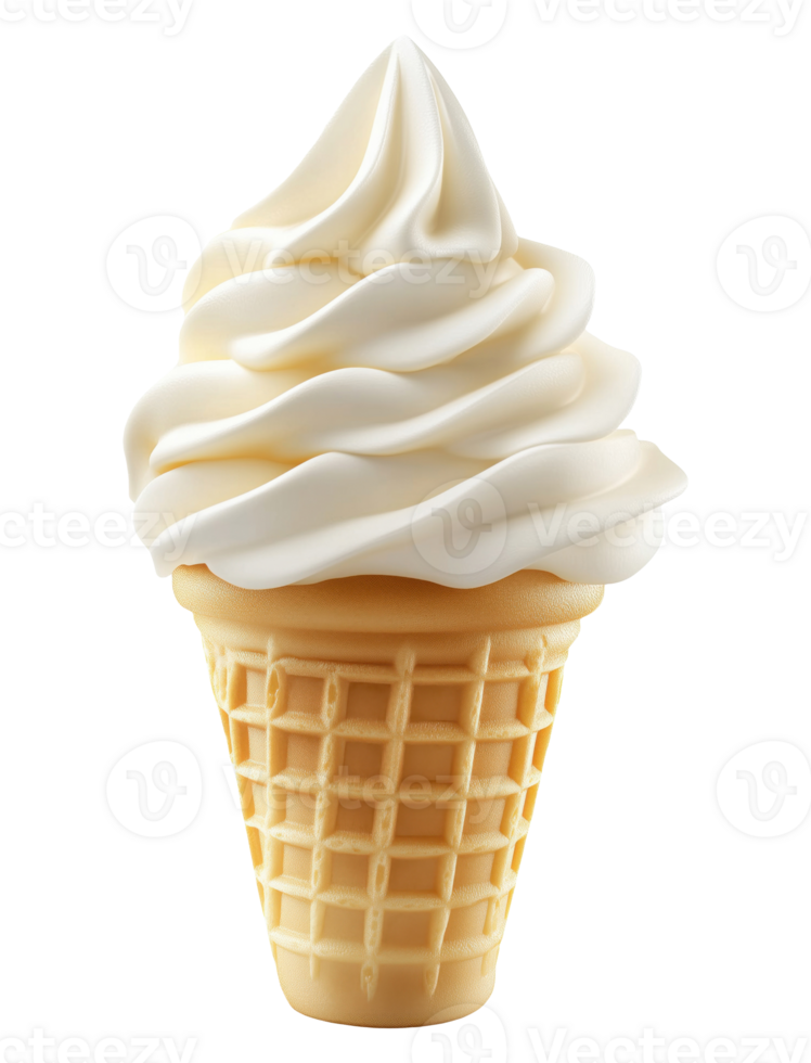 Swirled vanilla soft serve ice cream in waffle cone isolated on transparent background png