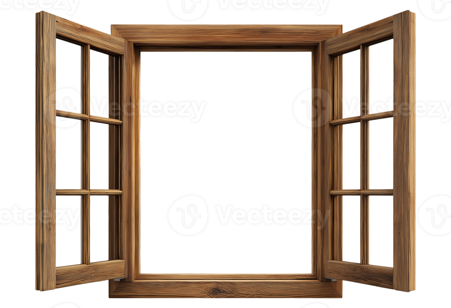 Traditional wooden window frame with multiple glass panes in open position, isolated on a transparent background png