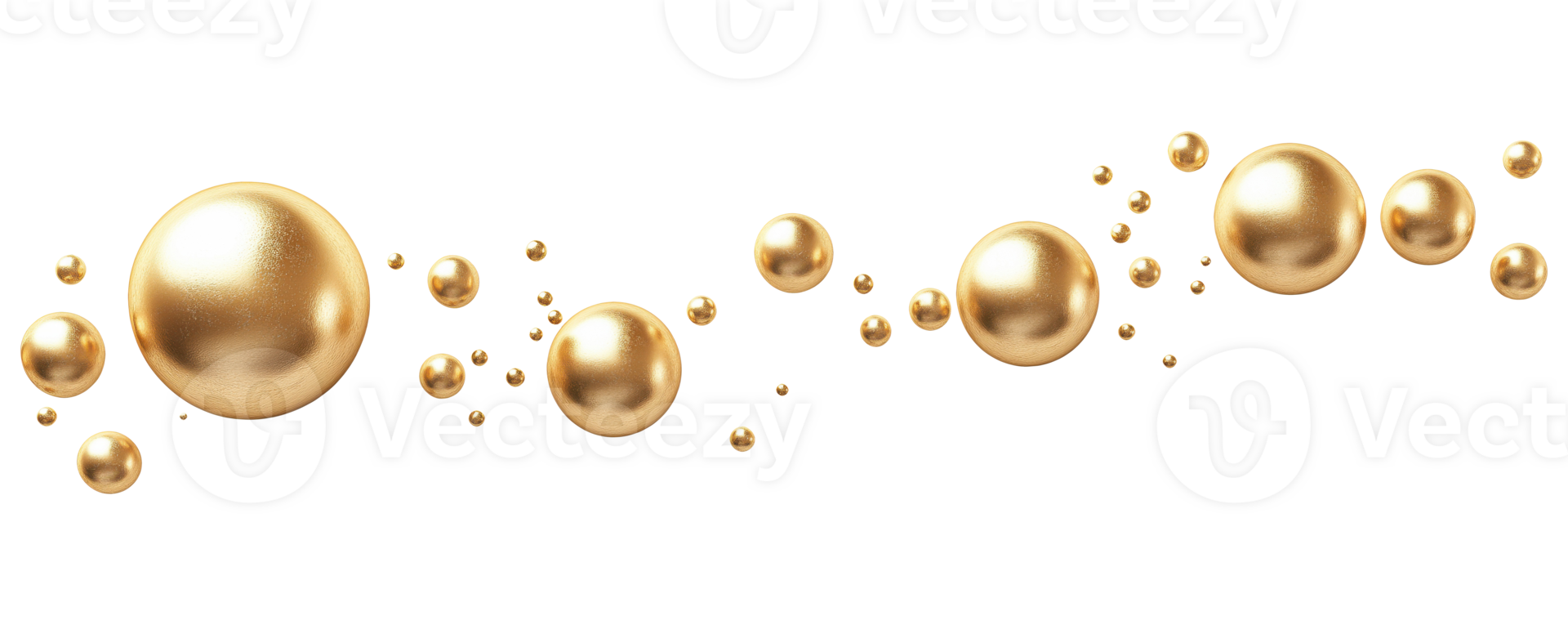 Collection of floating shiny golden metallic spheres and balls of various sizes floating, isolated on transparent background png