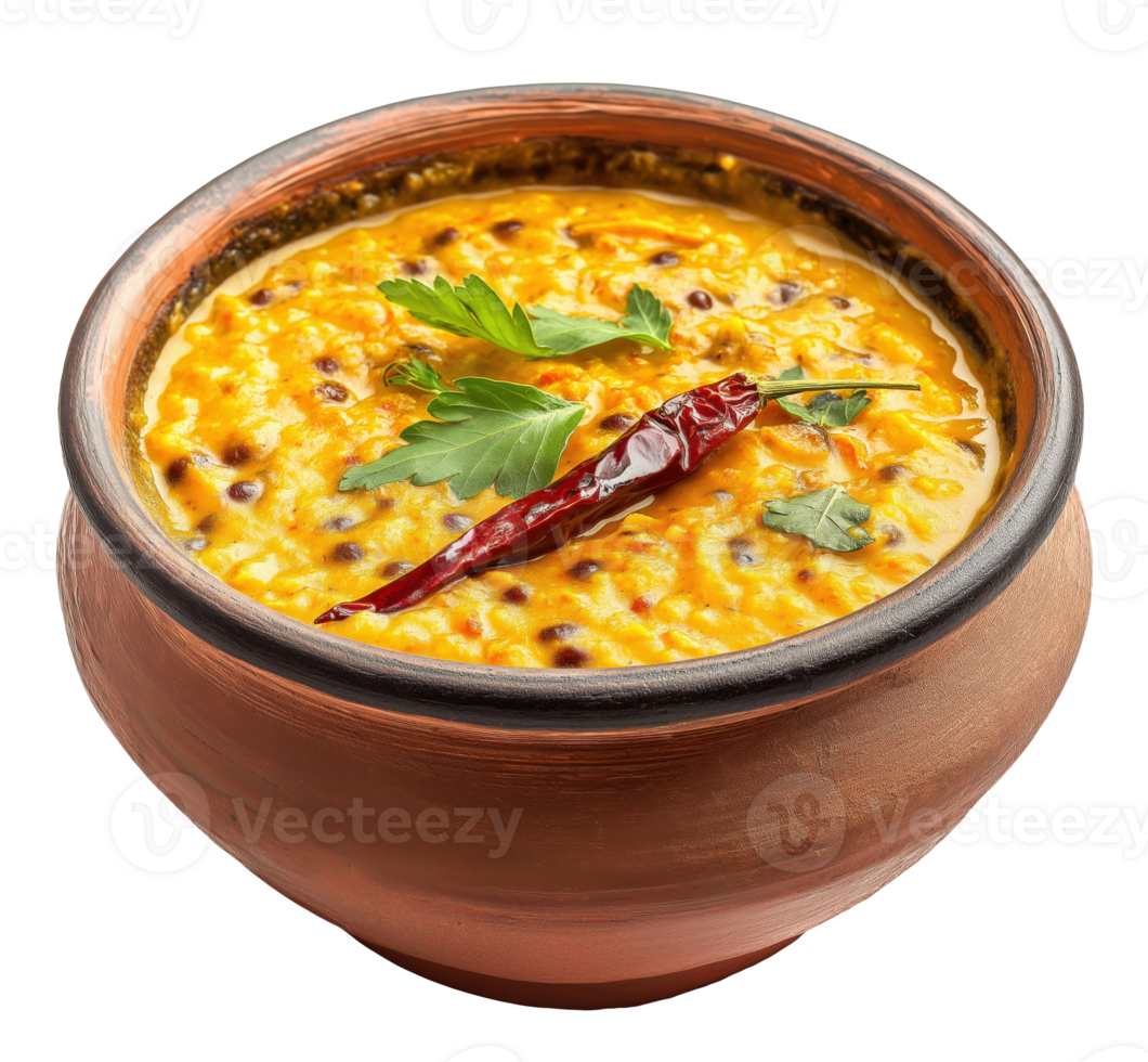 Traditional Indian dal tadka served in a round brown pot isolated on transparent background png