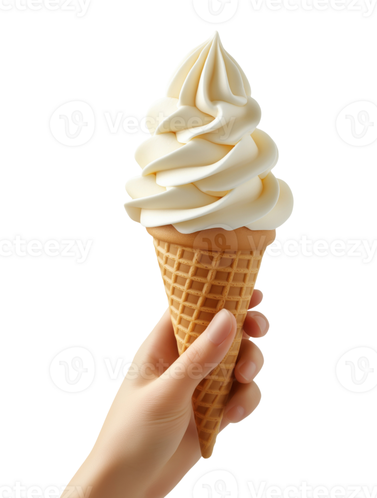 Human hand holding swirled vanilla soft serve ice cream in waffle cone isolated on a transparent background png