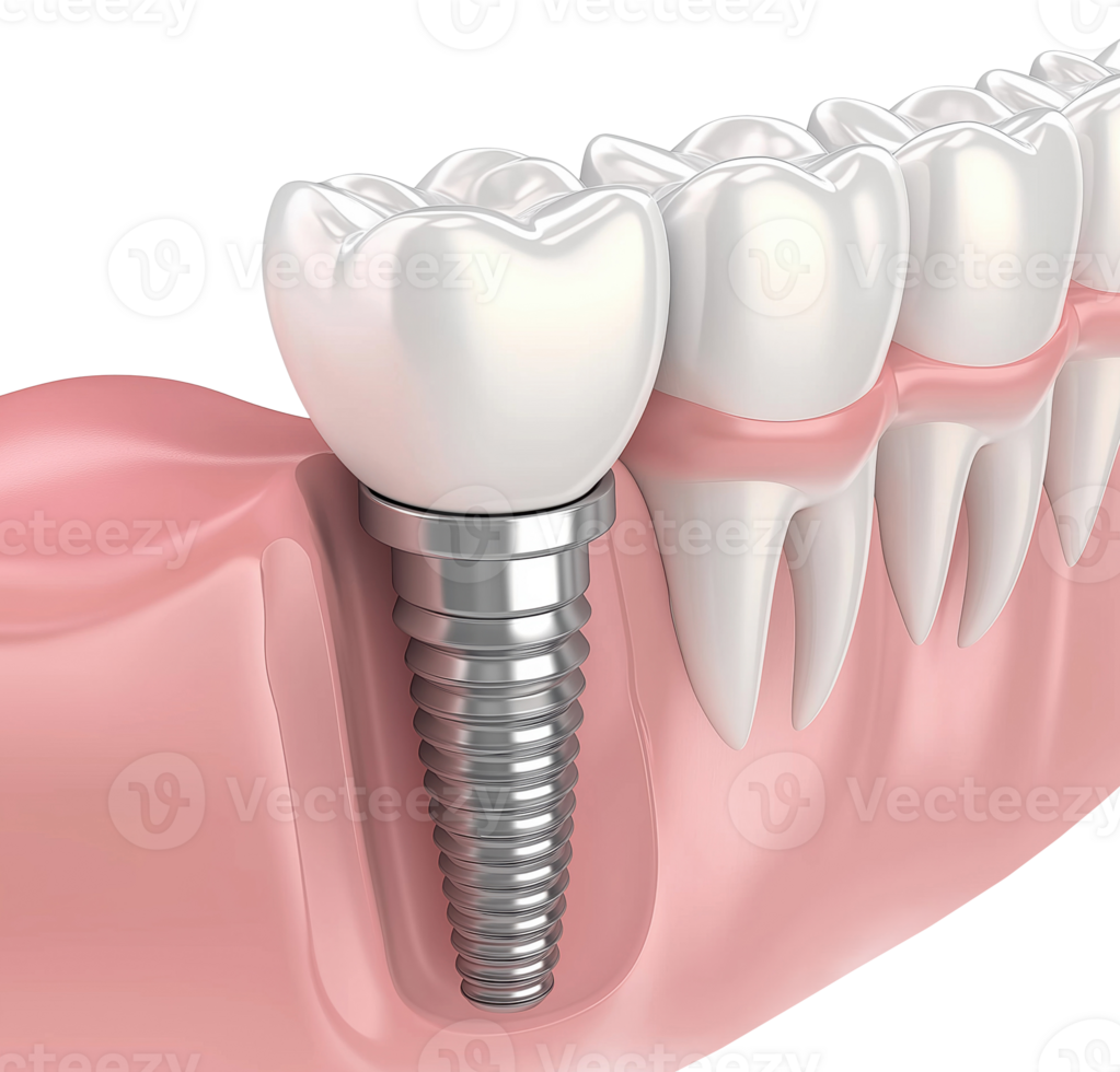 Medical cross-section illustration of dental implant with titanium screw, isolated on transparent background png