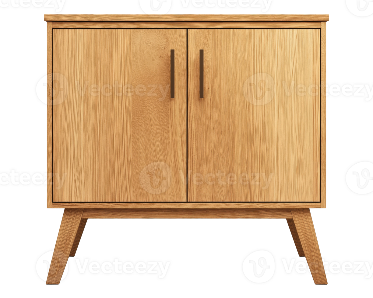 Modern wooden cabinet with two doors and angled legs isolated on transparent background png