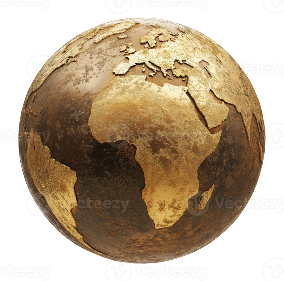 Shiny golden earth globe illustration with a metallic texture isolated on transparent background png