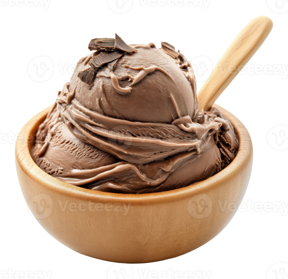 Scoops of creamy chocolate ice cream served in a wooden bowl with a wooden spoon, isolated on transparent background png