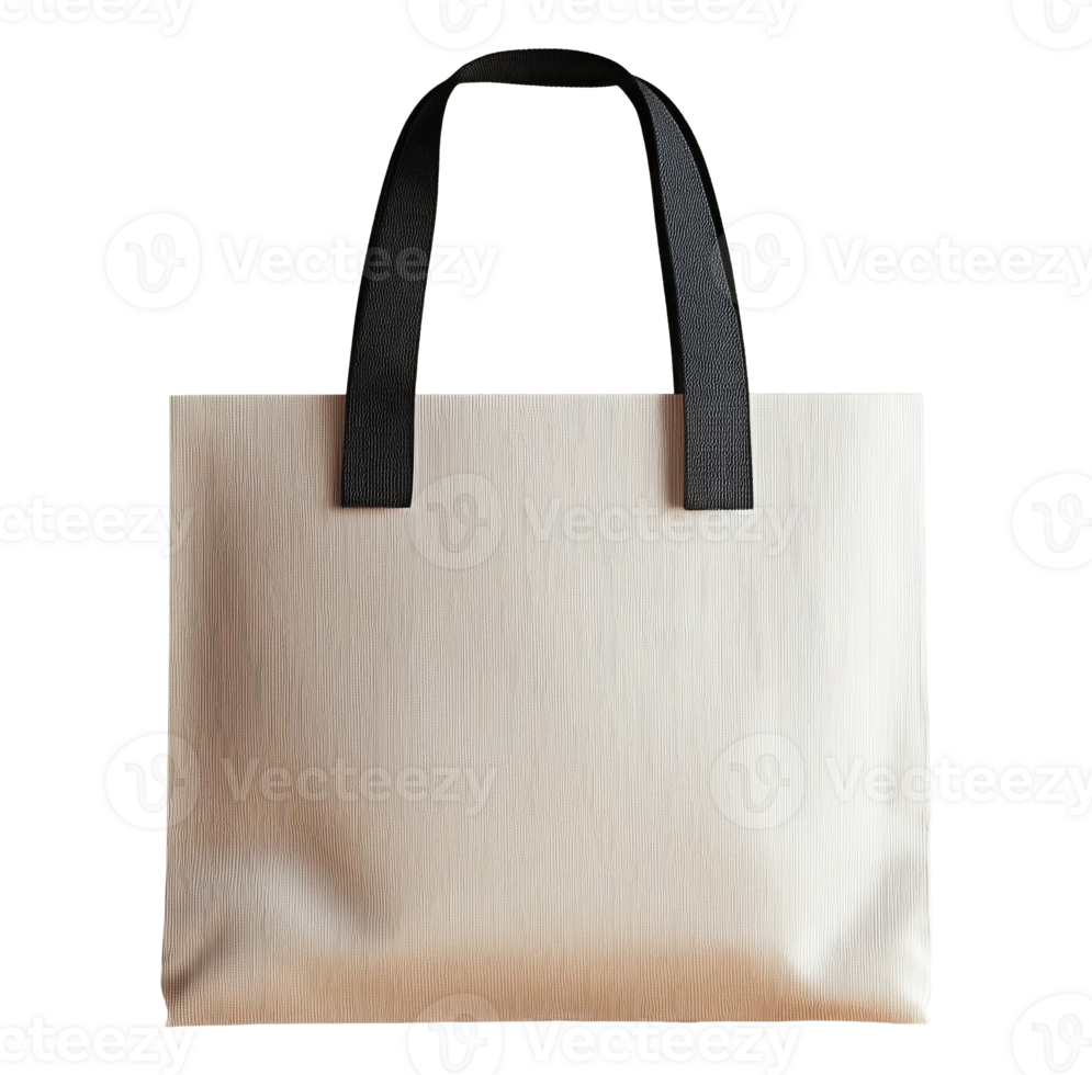 Simple beige canvas tote bag with black handles isolated on transparent background png