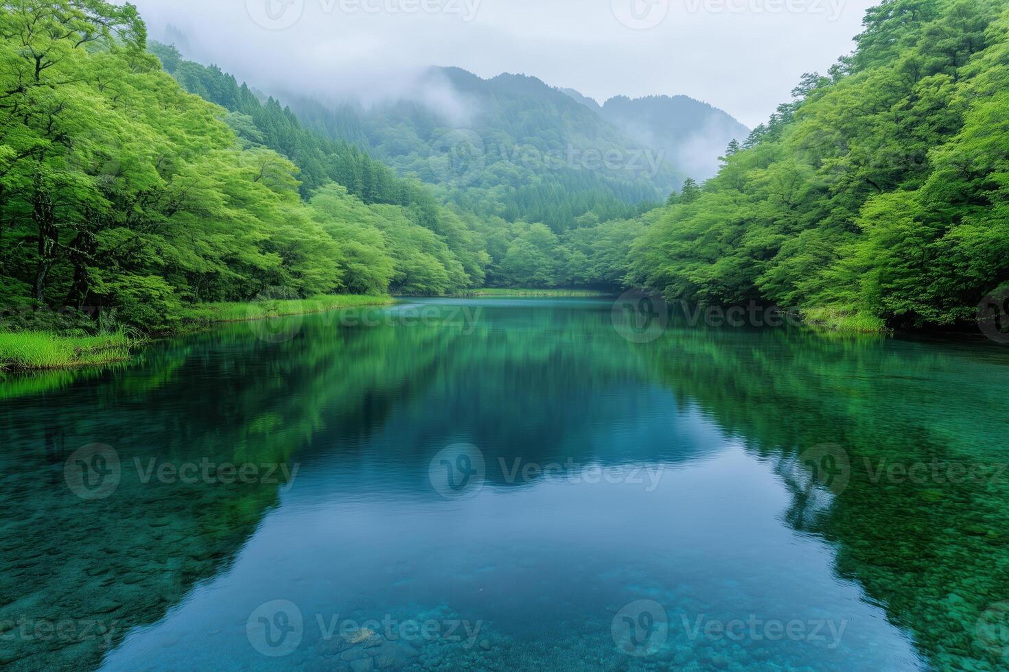 lake with transparent water and wooded banks in mountain valley photo