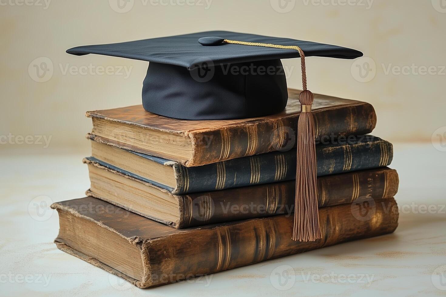 graduation cap on a stack of old books photo