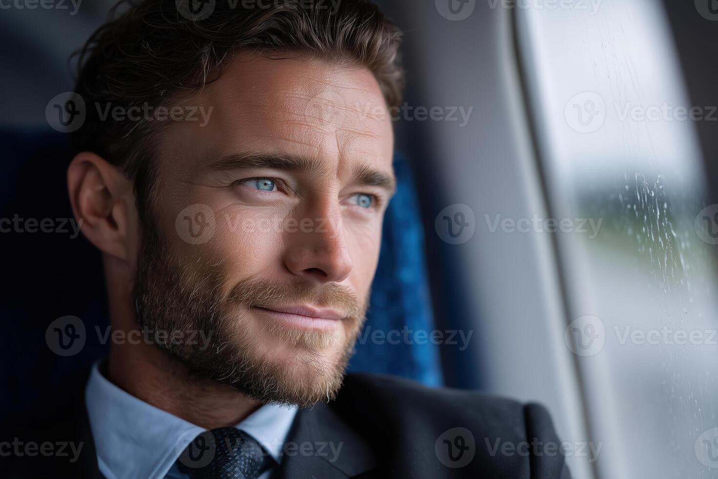 handsome young man looking out the window of a passenger plane before takeoff or after landing photo