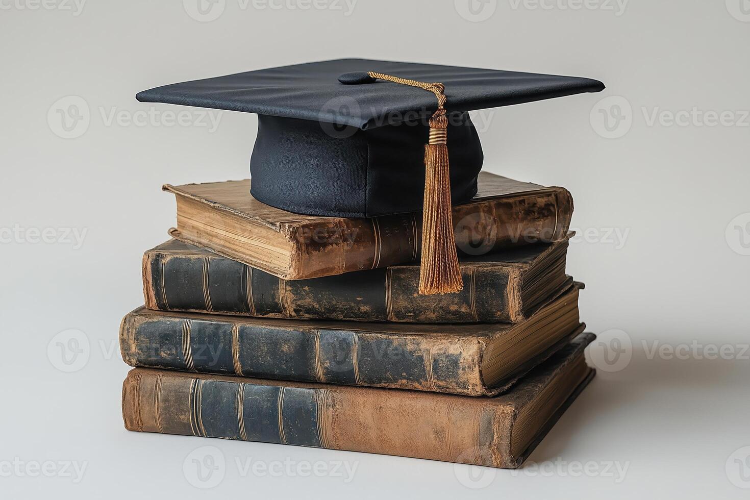 graduation cap on a stack of old books isolated on gray background photo