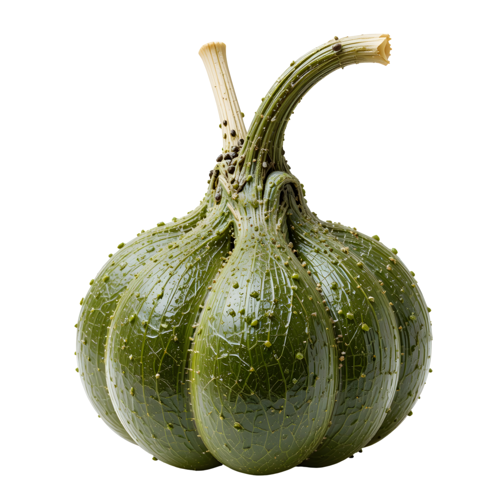 Dark Green Round Gourd with Lumpy Texture on Black Background png