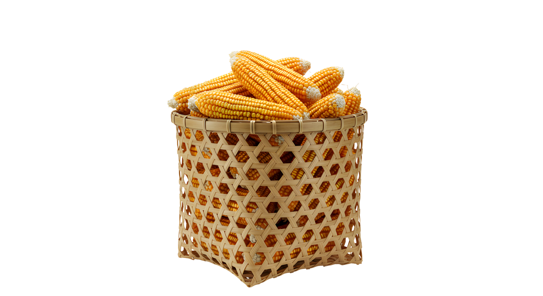 Golden Corn in a Brown Wicker Basket on Transparent Background png