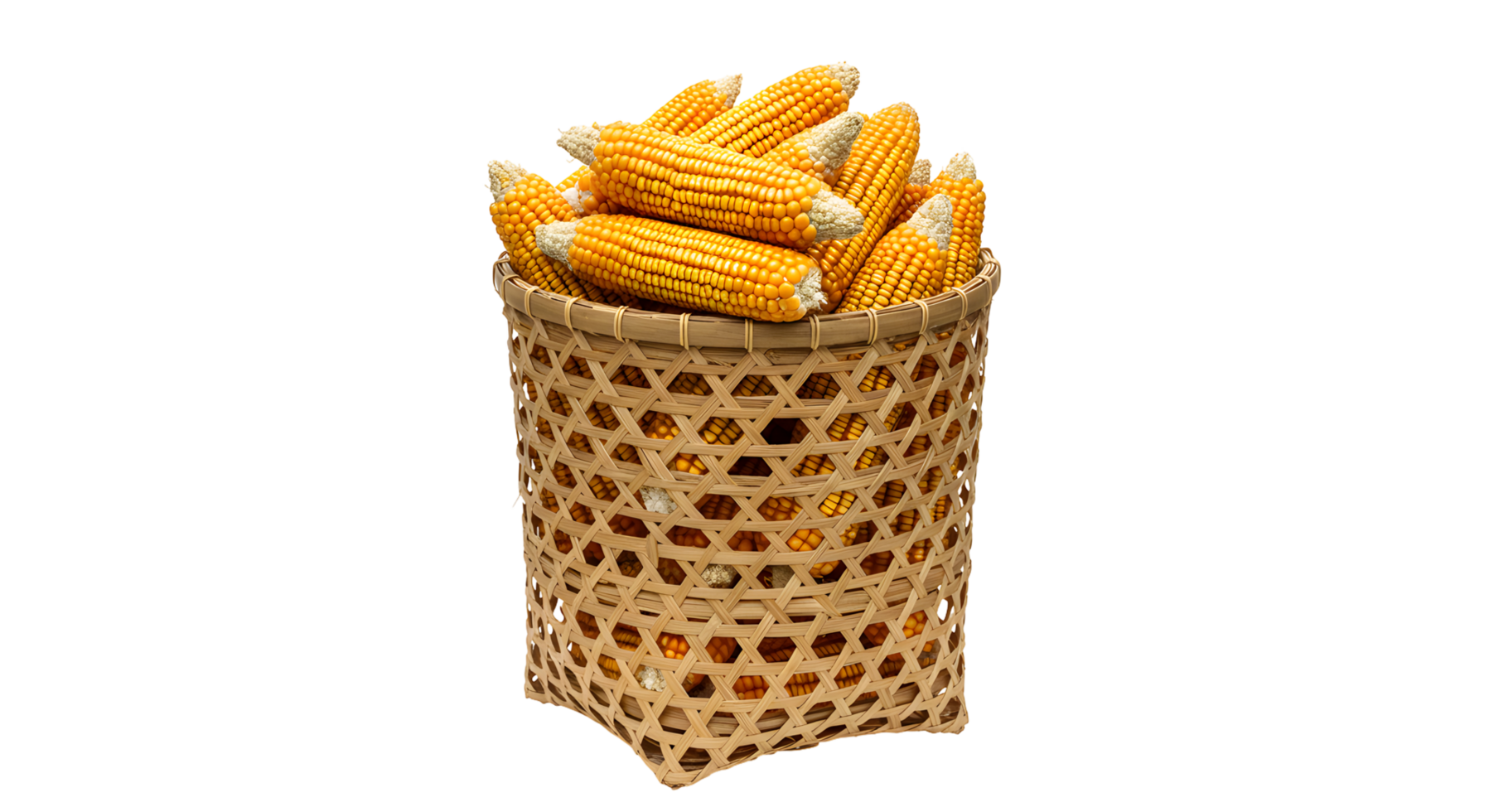 Golden Yellow Corn in Brown Wicker Basket Against Black Background png