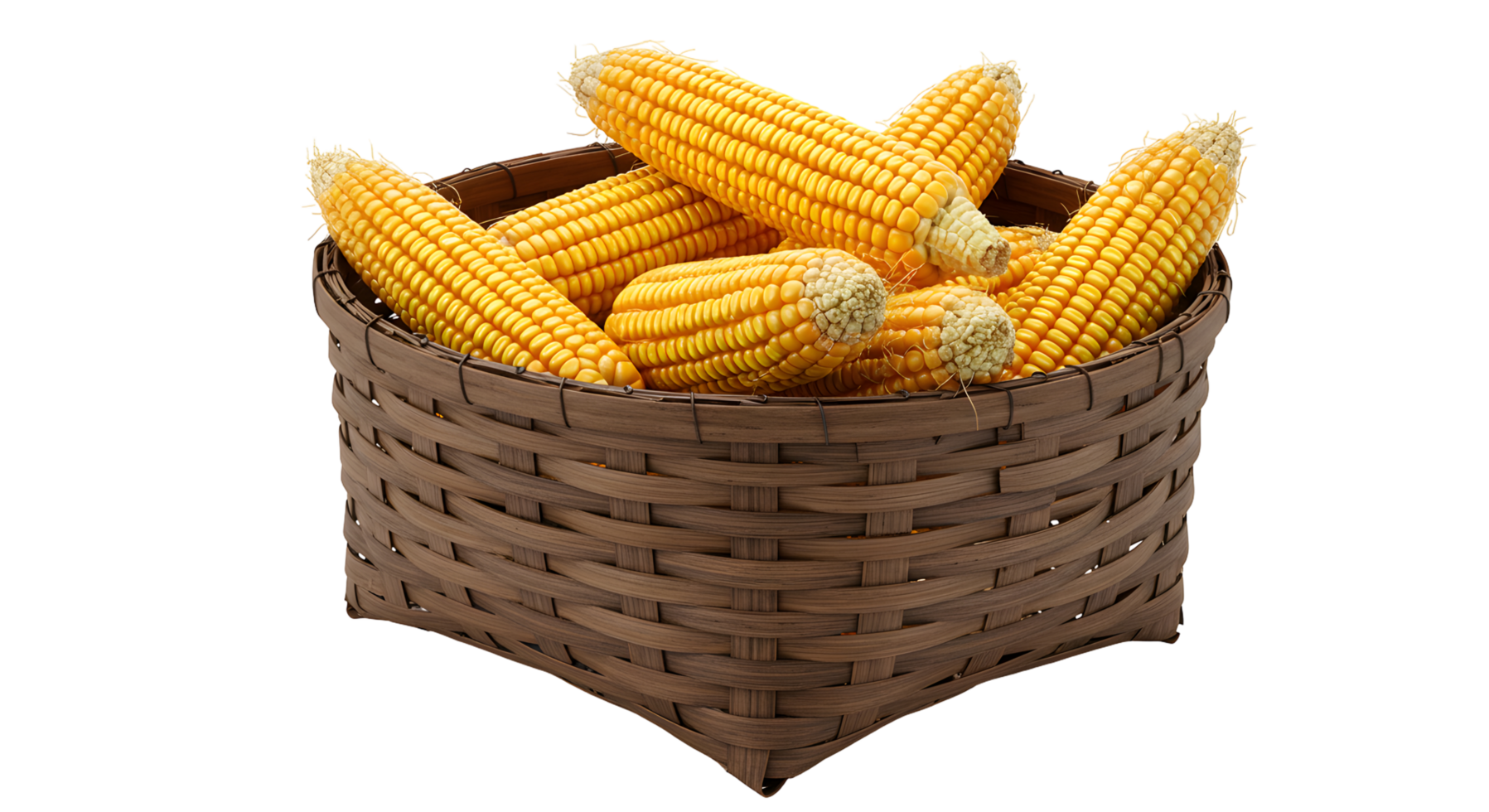 Golden Corn in Brown Wicker Basket on Transparent Background png