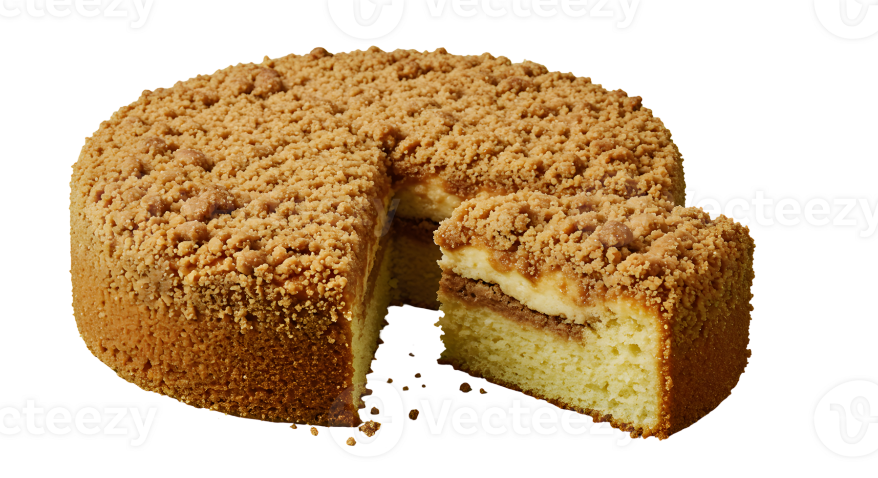 A Sliced Golden Crumble Cake on Black Background png