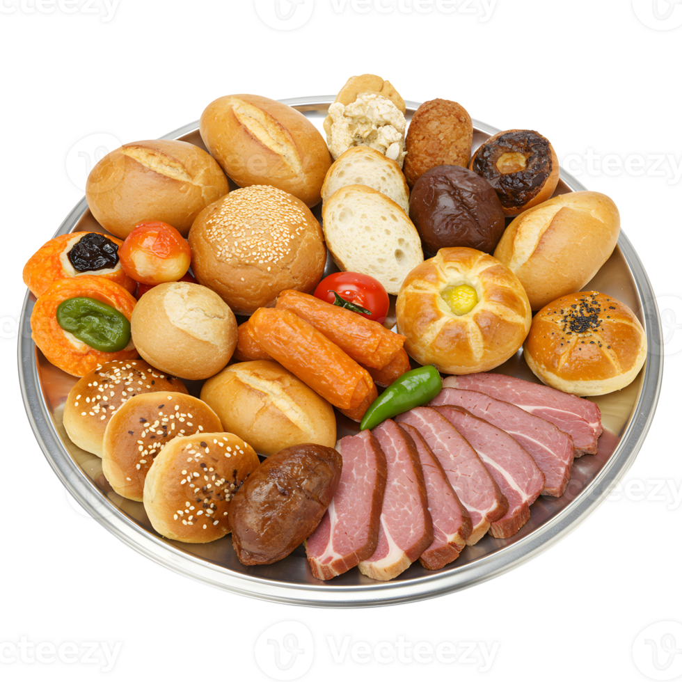 Assorted Breads Pastries and Sliced Meat on a Silver Platter png