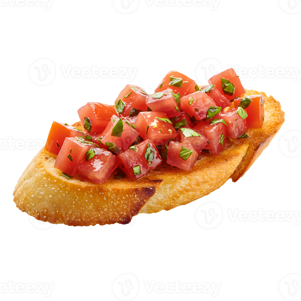Close-up of Toasted Bread Topped with Diced Tomatoes and Basil png