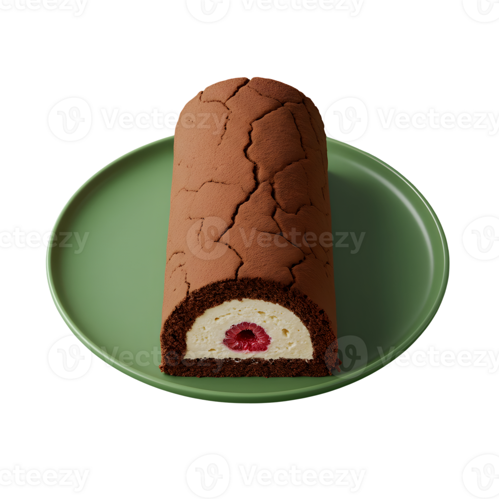 Chocolate Raspberry Cake Roll on Green Plate png