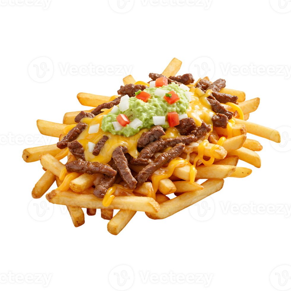 Crispy Golden Fries Topped with Shredded Steak Cheese and Guacamole png