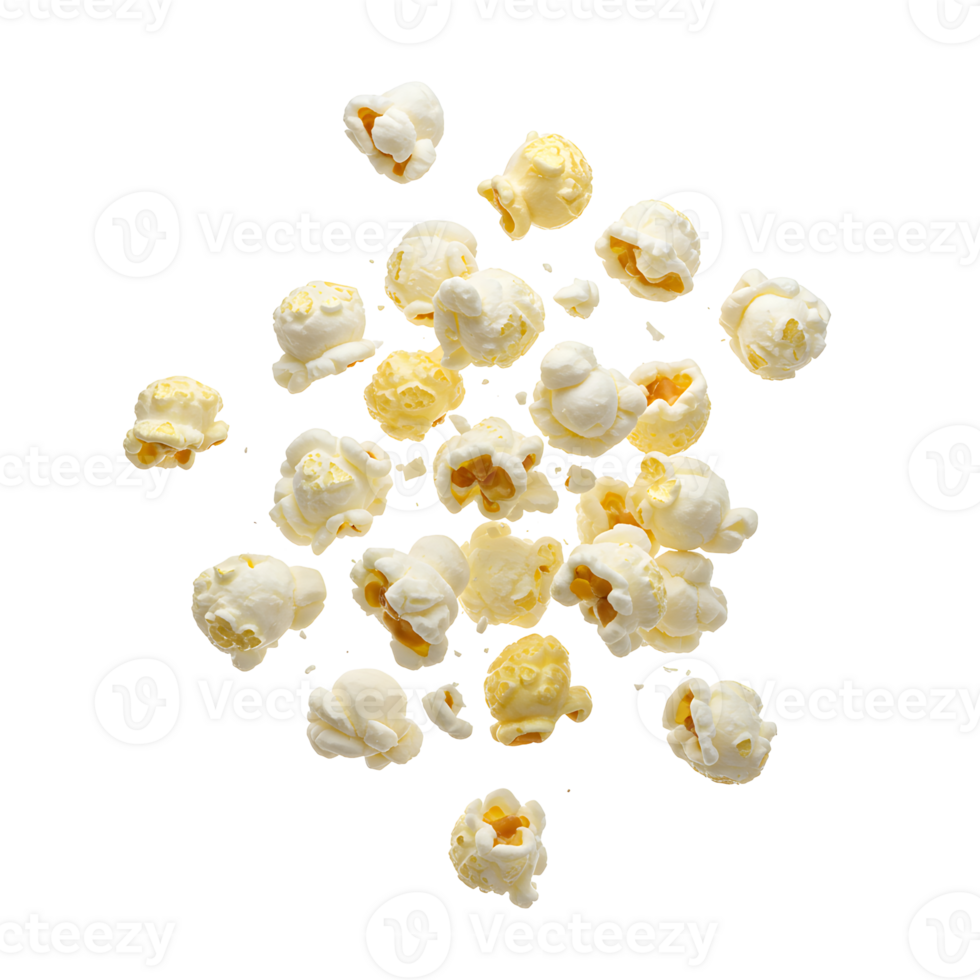 Floating Buttery Popcorn Kernels on Transparent Background png