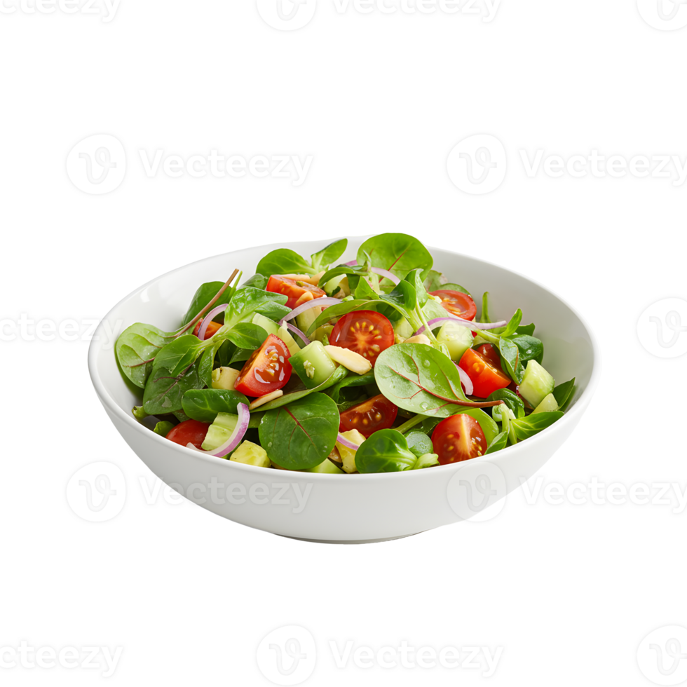 Fresh Mixed Green Salad with Tomatoes Cucumber and Almonds in White Bowl png