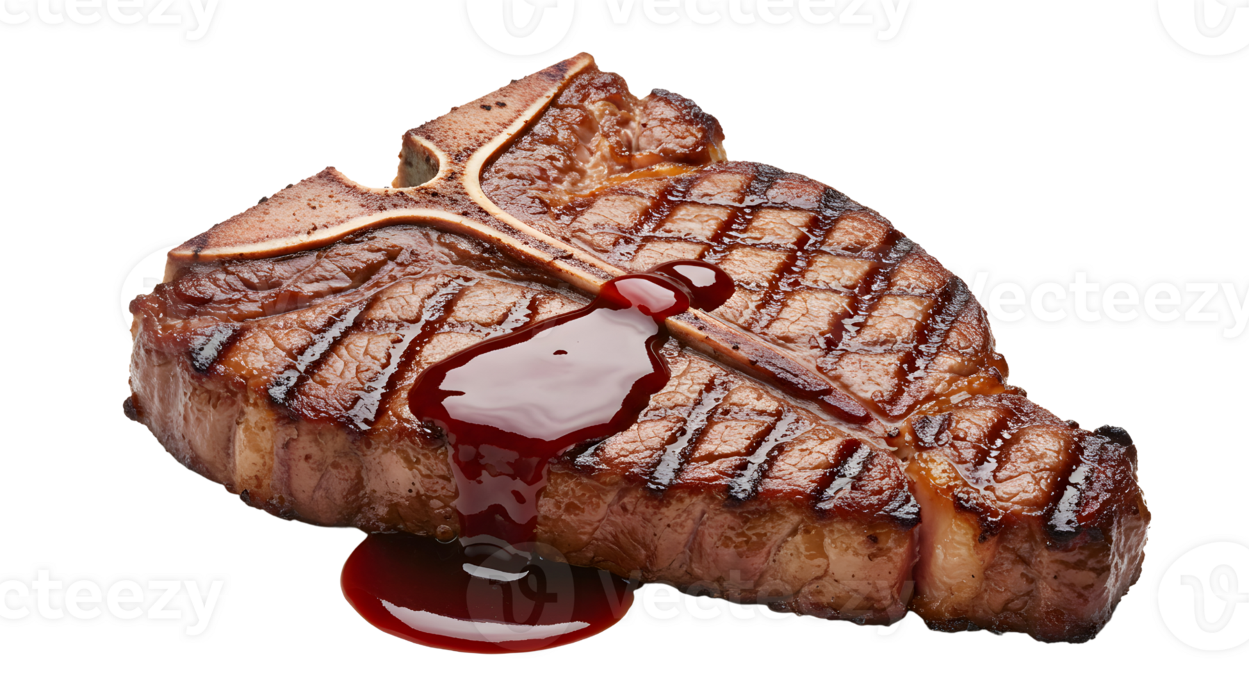 Grilled T-Bone Steak with Red Sauce on Black Background png