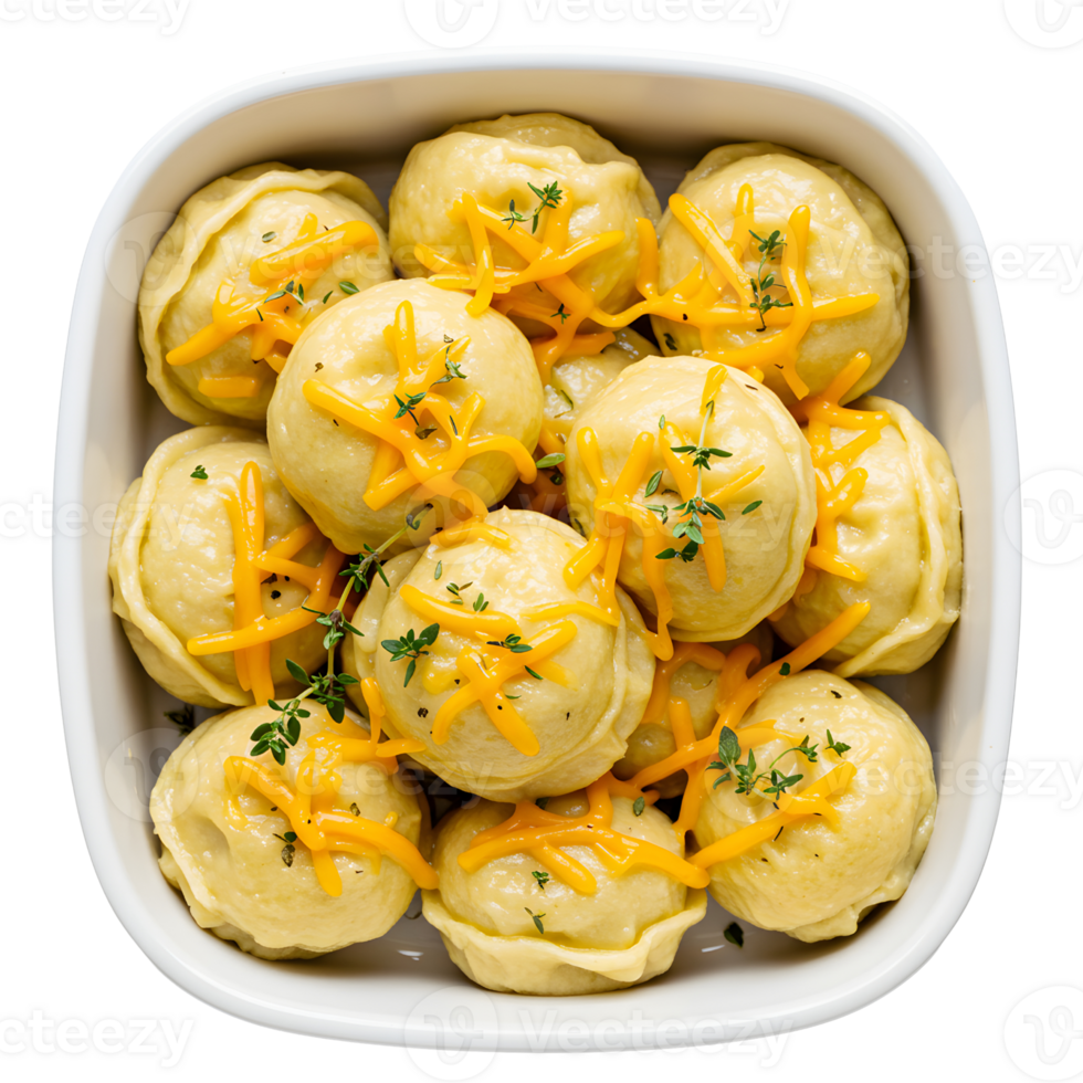 Overhead Shot of Golden Dumplings Topped with Shredded Cheese and Thyme in a White Square Bowl png