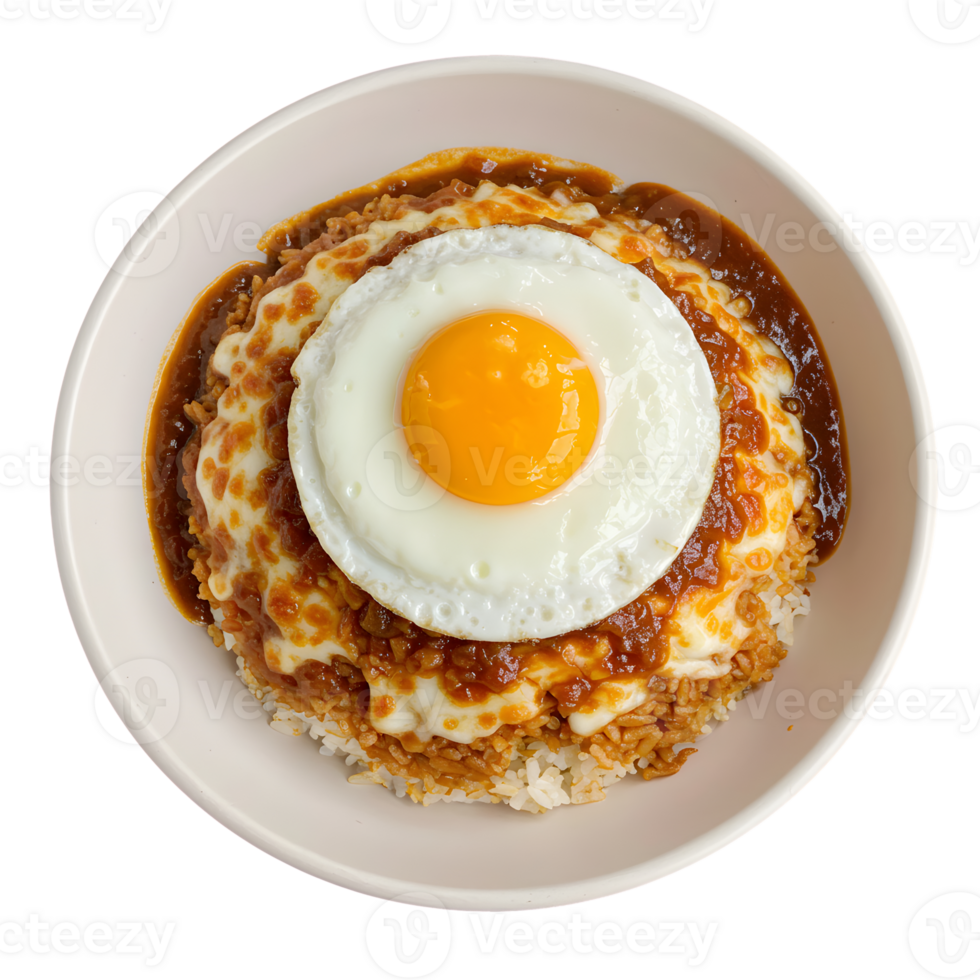 Overhead Shot of Cheesy Curry Rice Topped with a Fried Egg in a White Bowl png