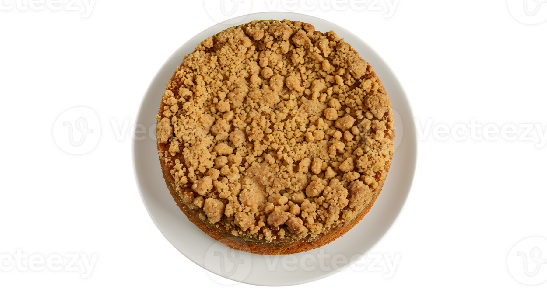 Overhead View of a Golden Brown Crumble Cake on a White Plate png
